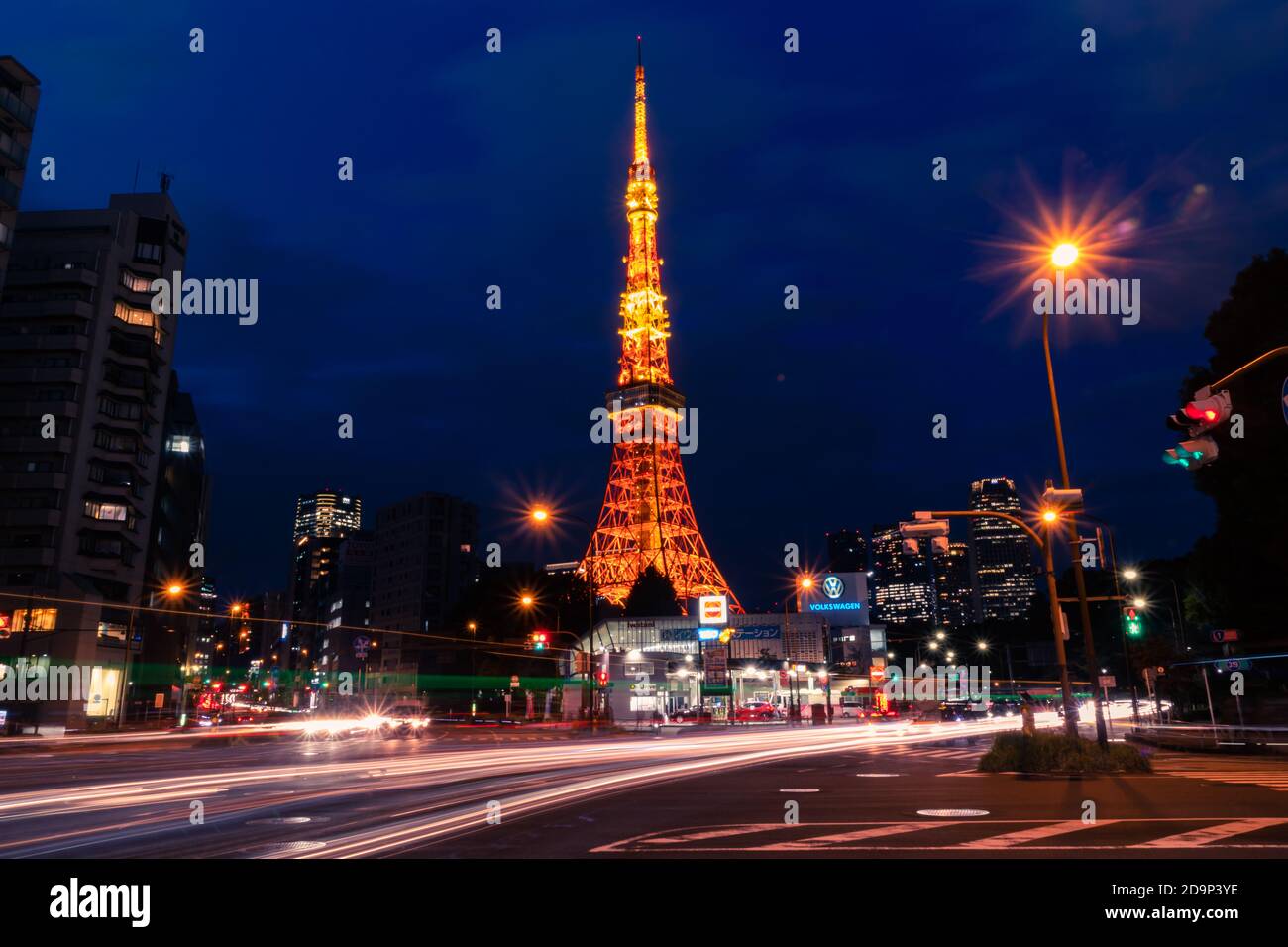 Tokyo Tower view during blue hour with light trails. Stock Photo