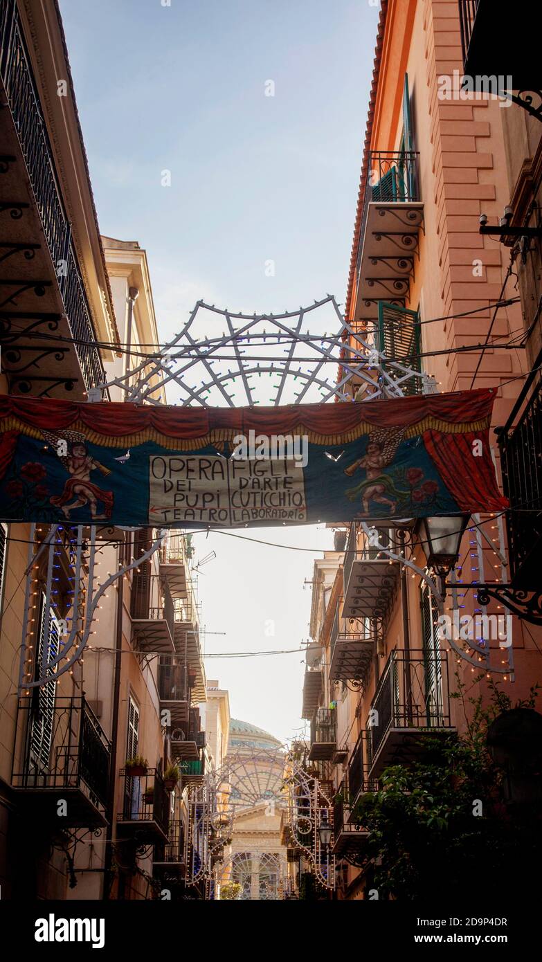 House, puppet theater, advertising banners, alley, Palermo, Sicily