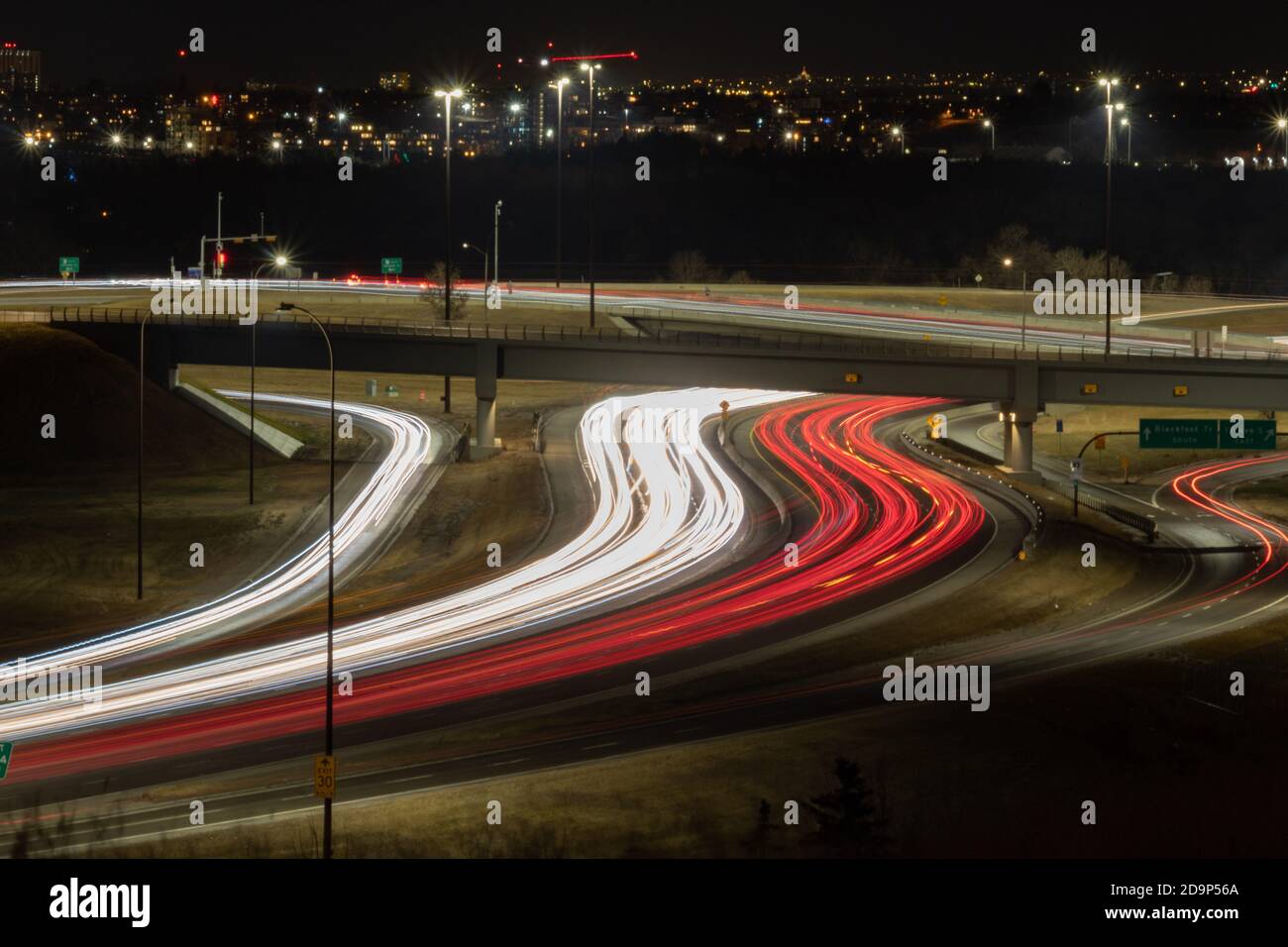 Light Trails on Deerfoot Trail in Calgary, Alberta, Canada Stock Photo