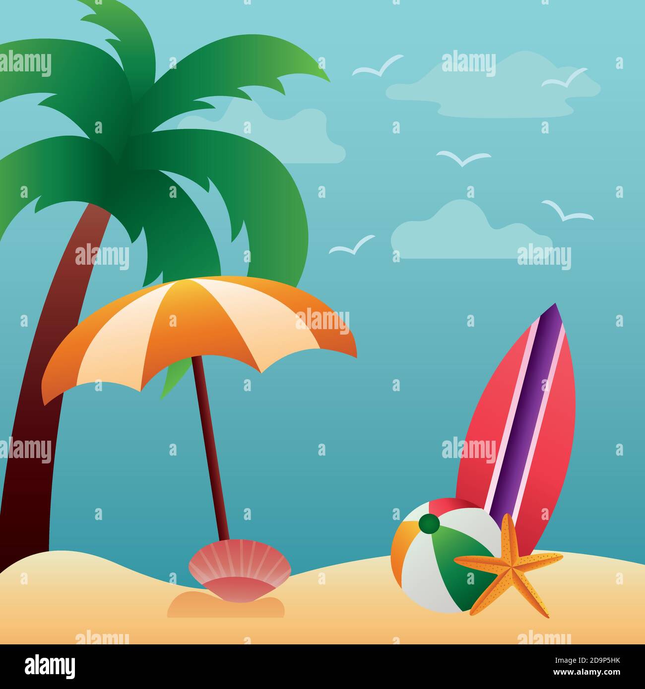 hello summer season with umbrella and surfboard in beach scene vector ...
