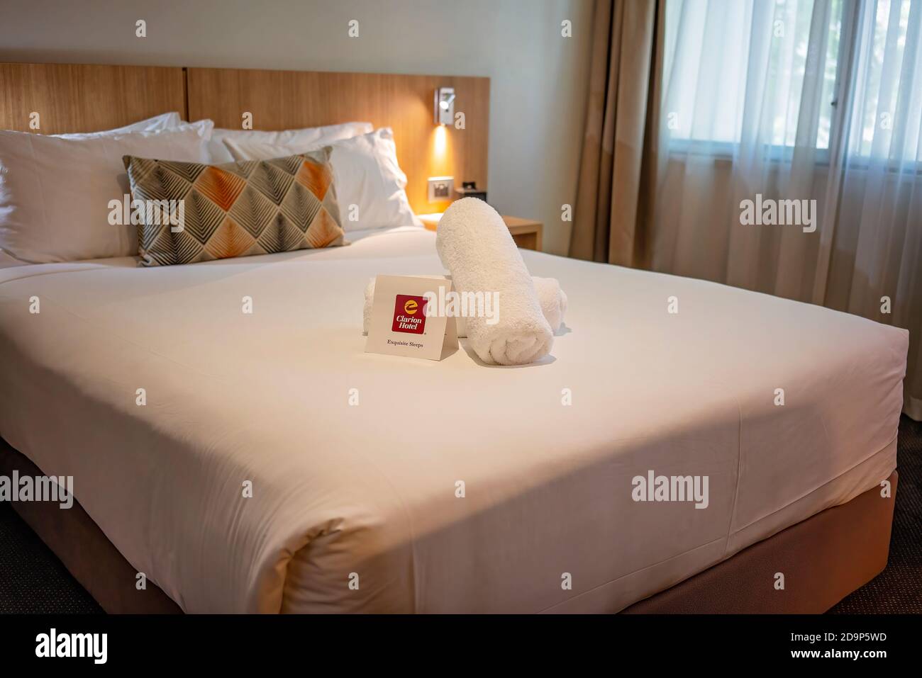 Townsville, Queensland, Australia October 2020 Hotel bedding made up