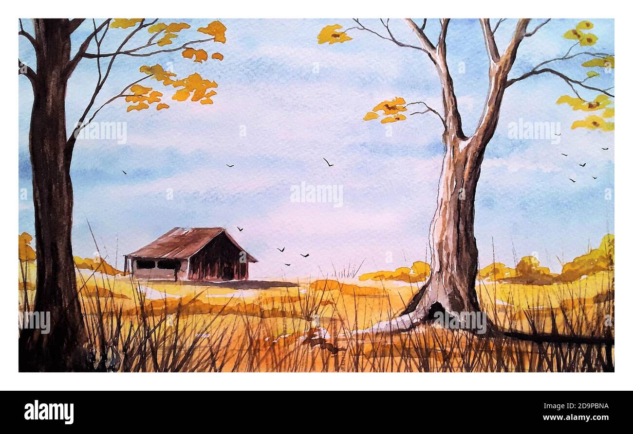 Watercolour rural landscape. A wooden hut, yellow field, sky and trees in autumn. Painted by the photographer. Stock Photo