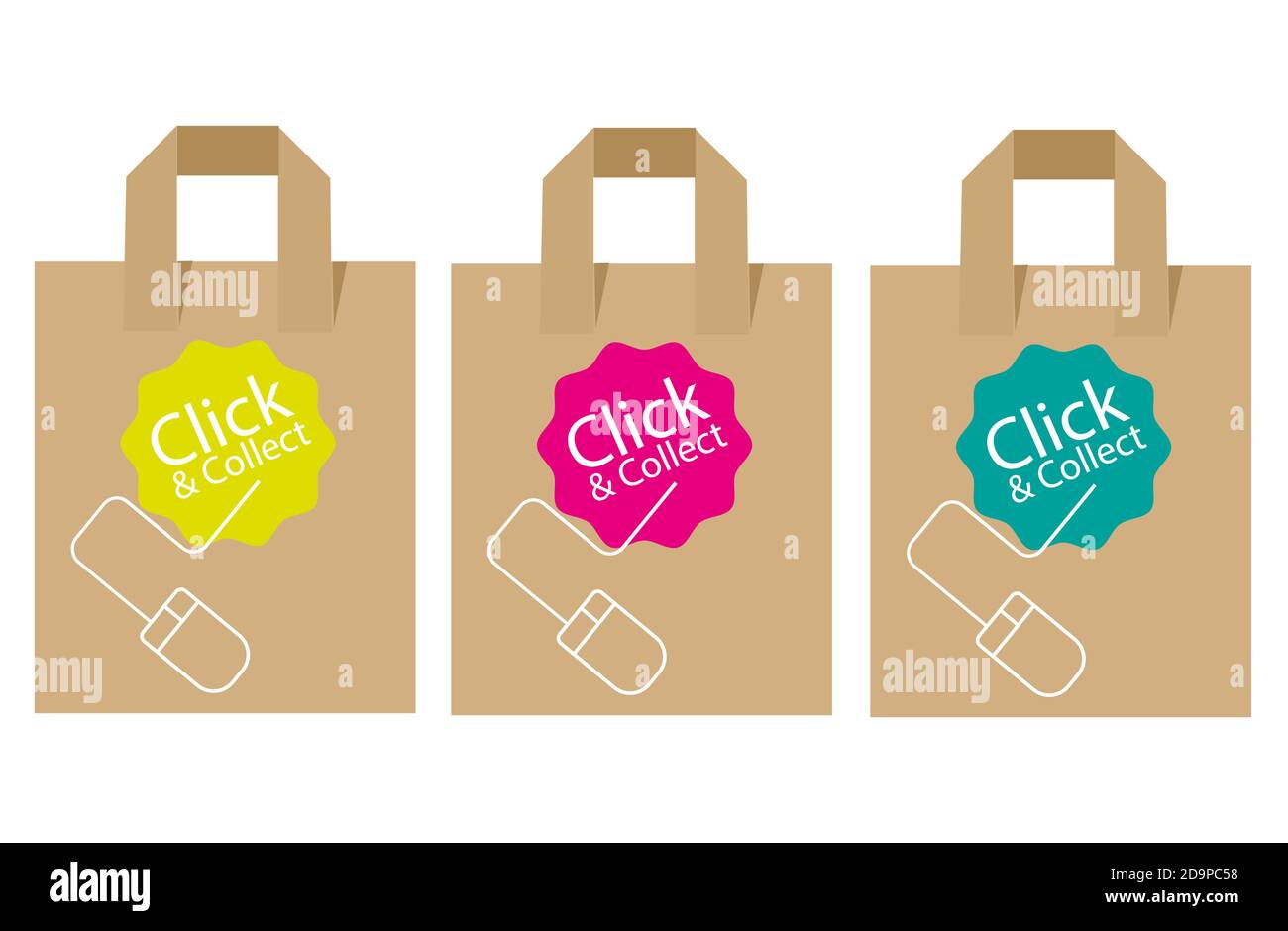 Click and Collect internet and online shopping concept with eco friendly recyclable carrier bags on a white background. Stock Vector