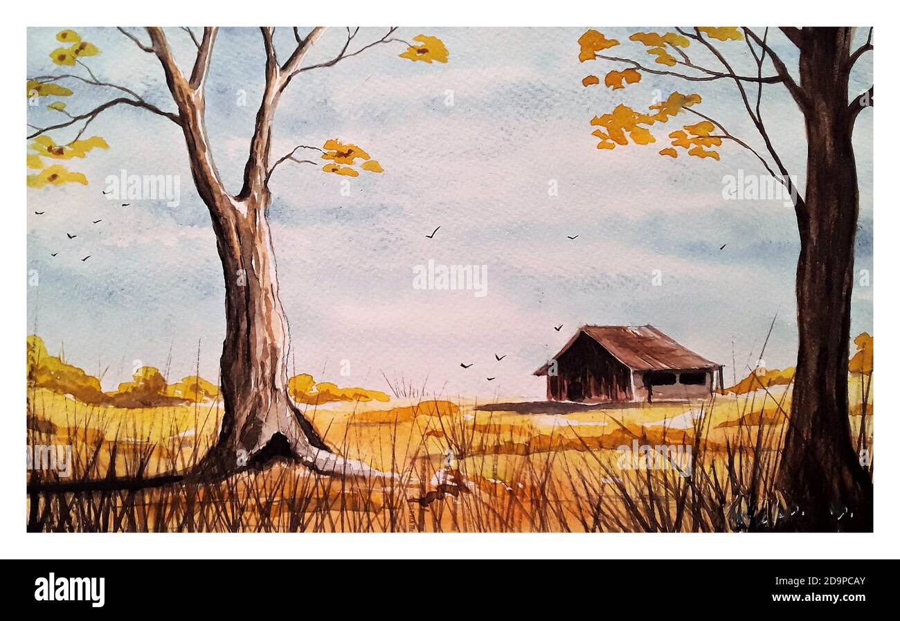 Watercolour rural landscape. A wooden hut, yellow field, sky and trees in autumn. Painted by the photographer. Stock Photo