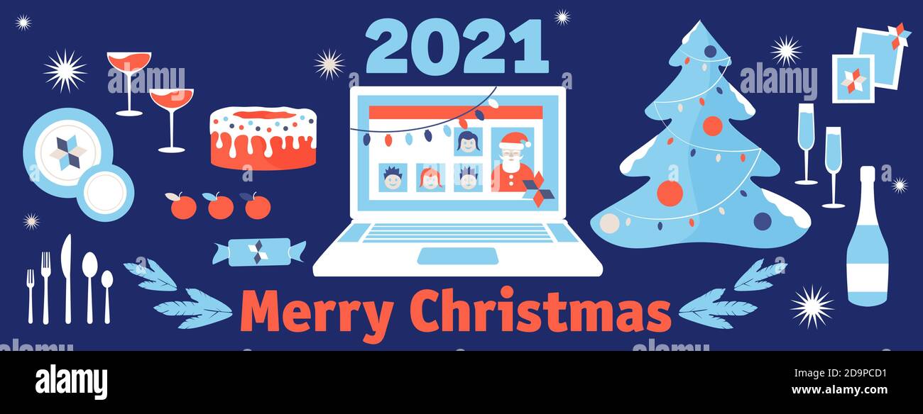 2021 Merry Christmas vector Illustration, laptop, notebook with Santa online chat. Web page, facebook cover, Xmas set. Stock Vector