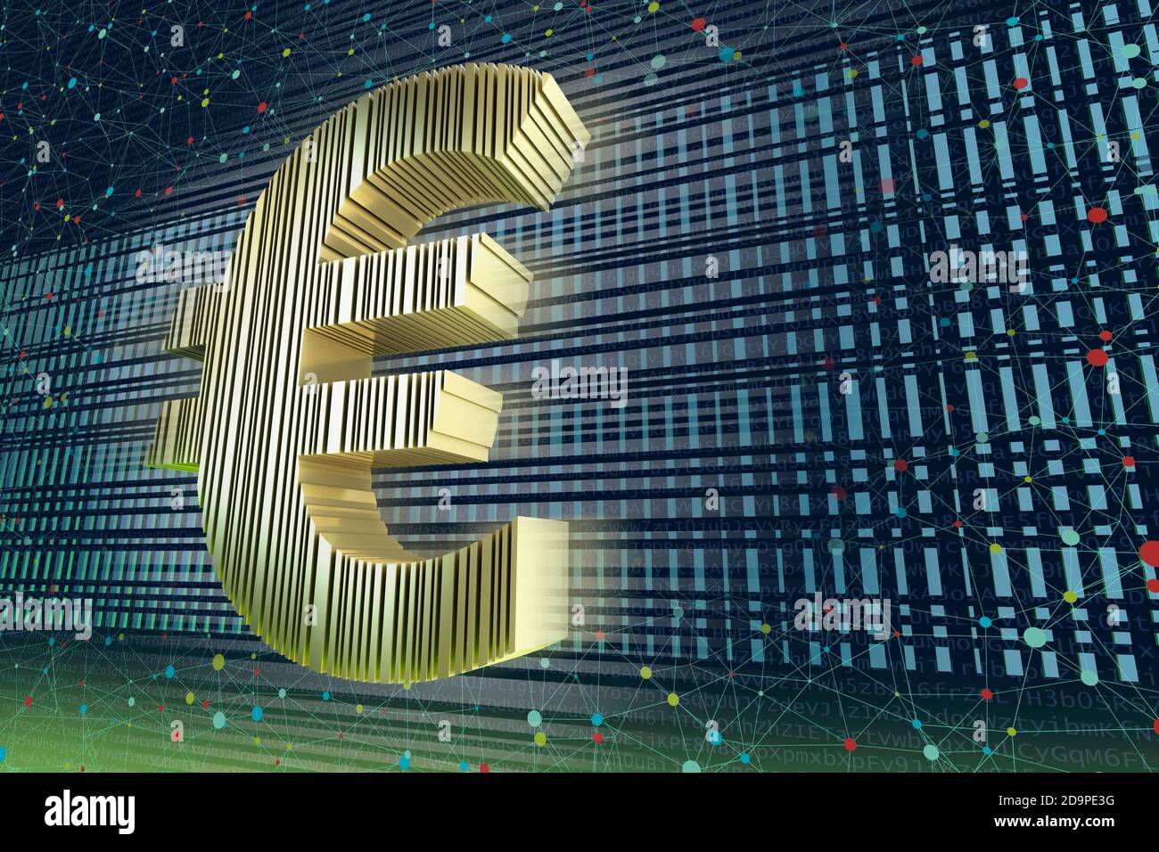 The gold-colored euro symbol symbolizes the digital euro against a dark blue background with barcodes and a network Stock Photo