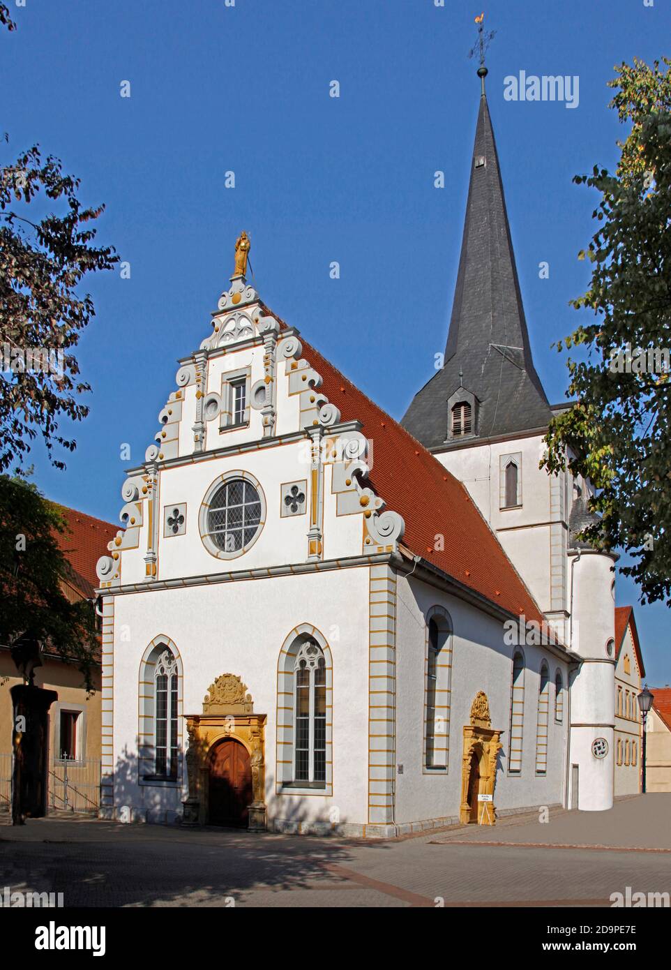 Protestant town church St. Salvator, tower built in 1543, nave built in 1611/12, master builder Jakob Müller from Heilbronn, Neckarbischofsheim, Baden-Württemberg, Germany Stock Photo