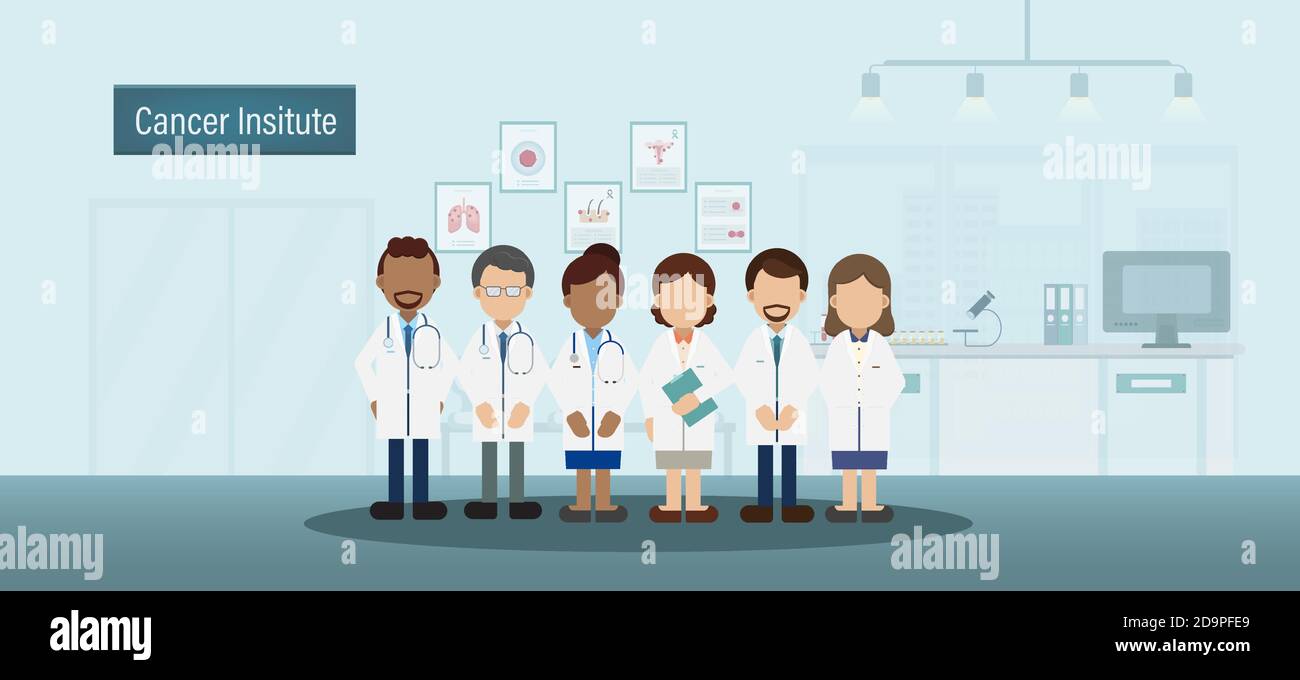 Cancer institute interior with group of doctors flat design vector illustration Stock Vector