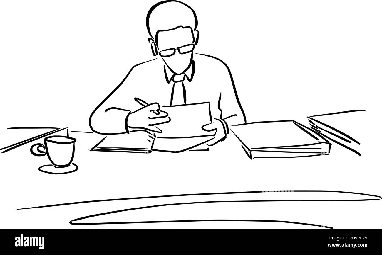 businessman with glasses working on his desk vector illustration sketch doodle hand drawn with black lines isolated on white background Stock Vector