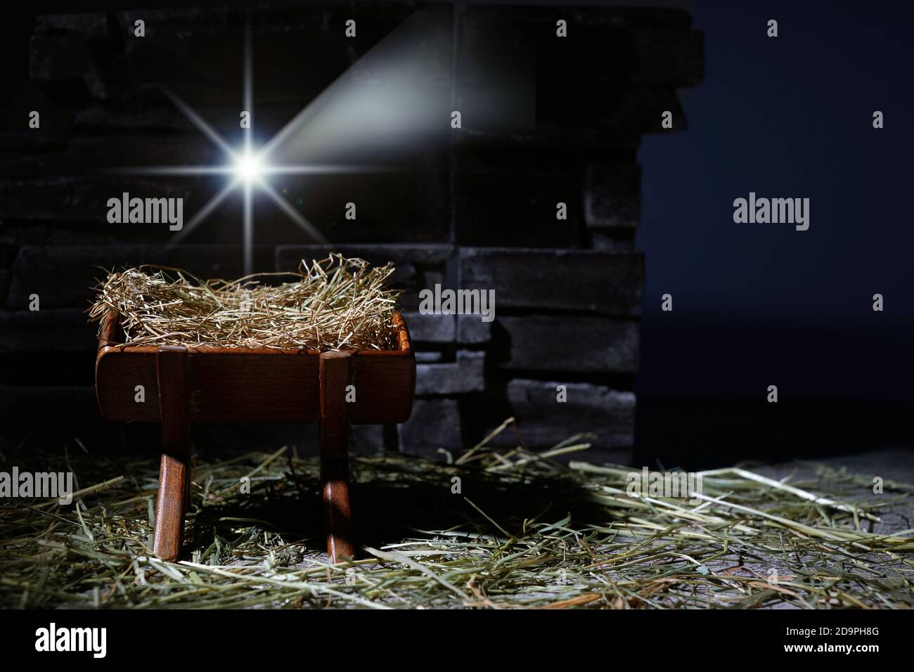 Birth of Jesus. Christmas nativity scene. Manager and star. Stock Photo