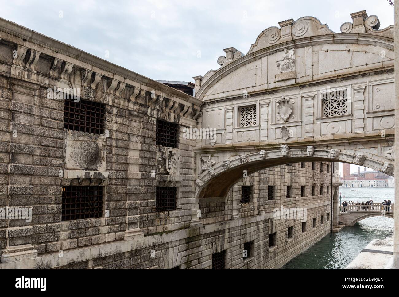 Close up of The “Ponte dei Sospiri” or “Bridge of Sighs” a world famous bridge connecting the Doges Palace to the Prisons, San Marco, Venice, Italy Stock Photo
