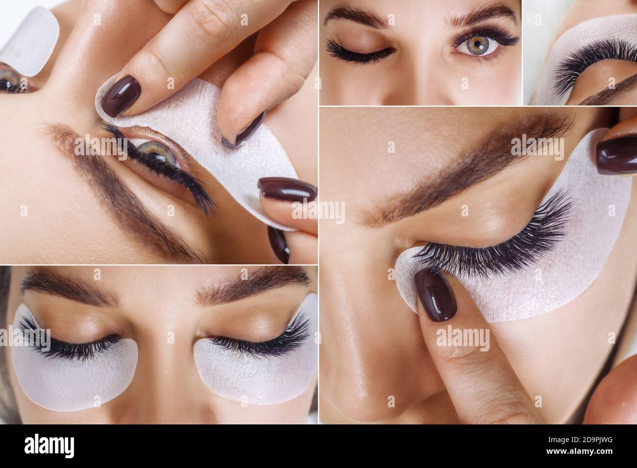 Eyelash extension procedure. Beautiful Woman with long lashes in a beauty salon. Collage. Stock Photo