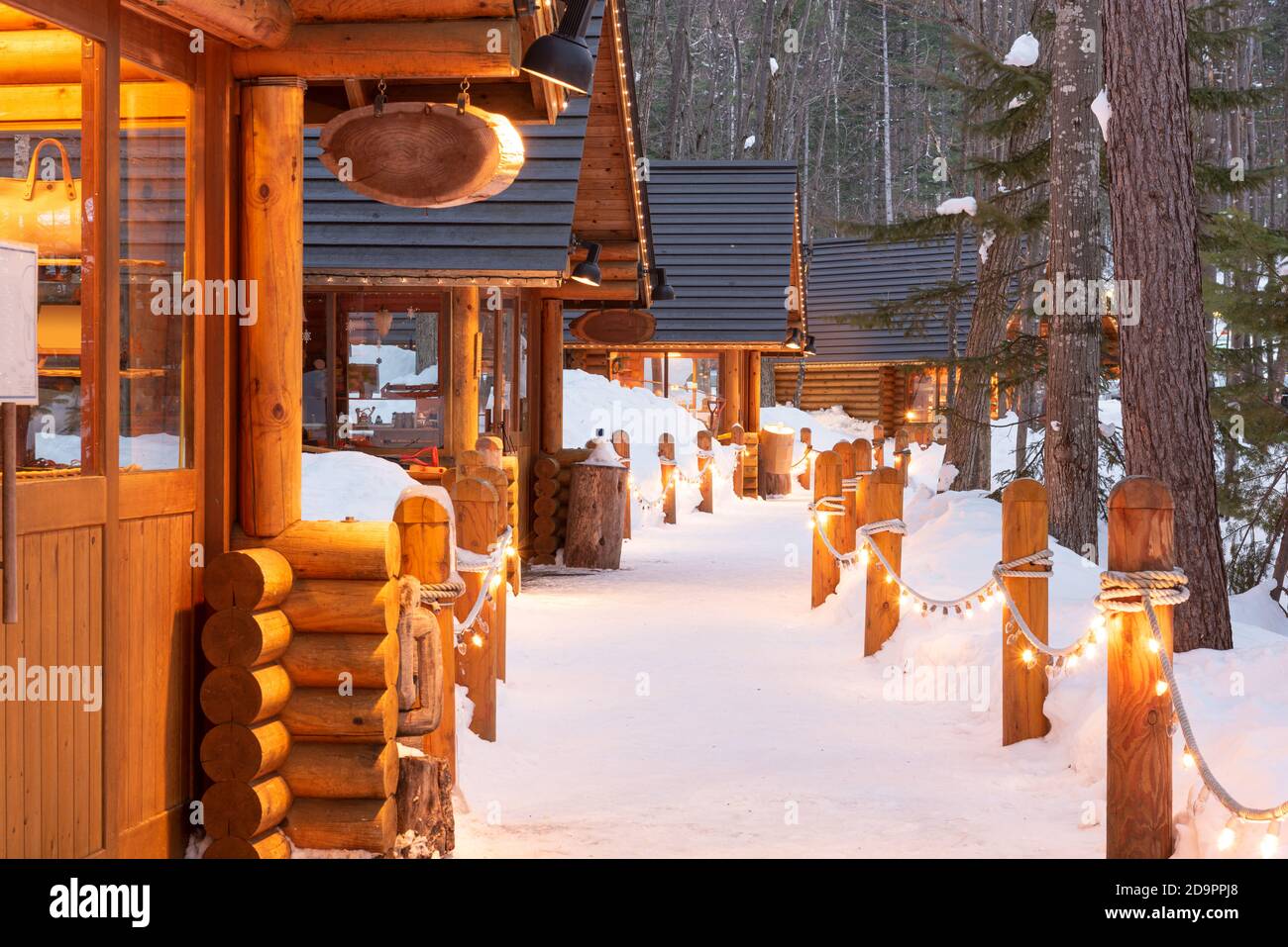 Furano, Hokkaido, Japan winter cabins at twilight. Stock Photo