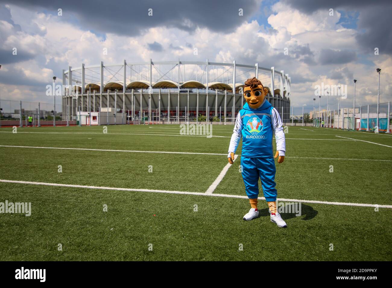 Bucharest, Romania - May 24, 2019: A person dressed as Skillzy, the official Euro 2020 soccer tournament mascot, at the National Arena Stadium. Stock Photo