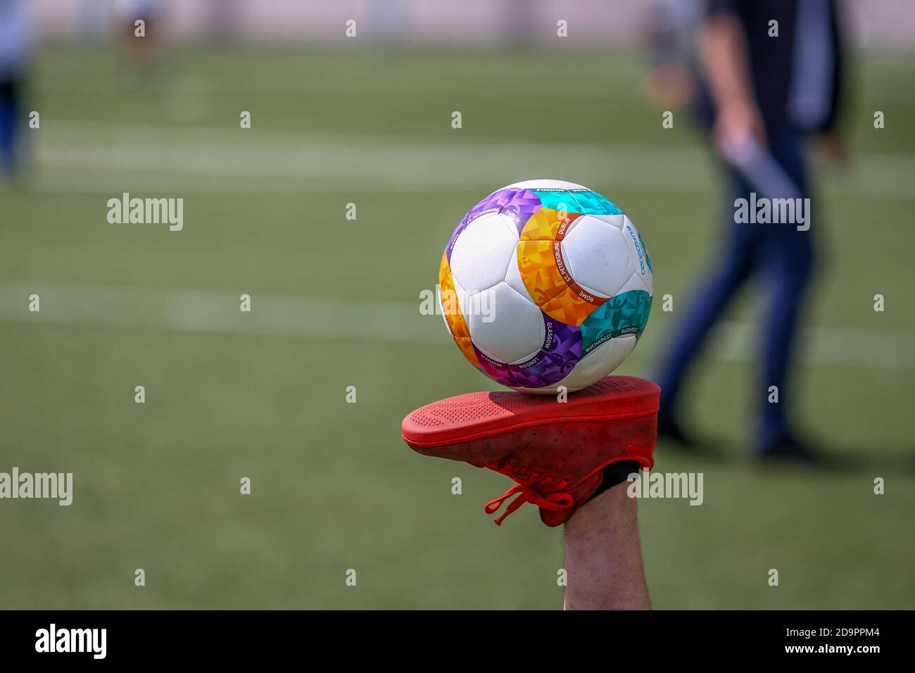 Bucharest, Romania - May 24, 2019: Details with a soccer player's foot with  the Adidas Conext 19 European qualifiers official soccer match ball on Are  Stock Photo - Alamy