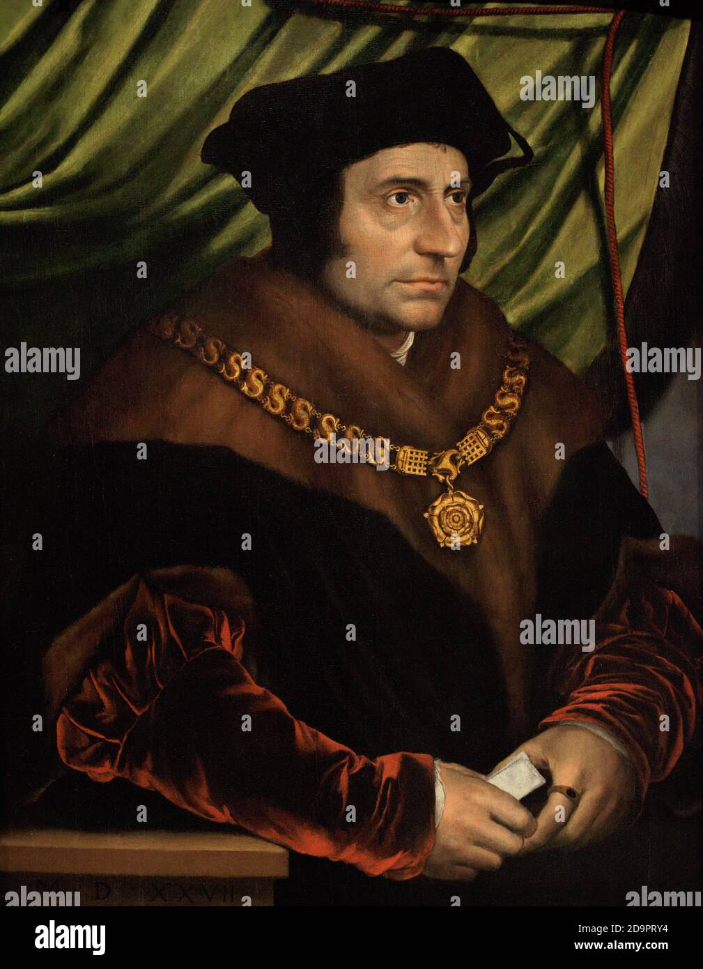 Sir Thomas More (1478-1535). English humanist and social philosopher. Chancellor of England (1529-1532). He opposed the King's divorce from Katherine of Aragon, refusing to take the Oath of Supremacy, which acknowledged Henry as head of the Church of England. He was executed for treason on Tower Hill, London, on July 6, 1535. Portrait by an unknown artist after Hans Holbein the Younger. Oil on panel, early 17th century (after a portrait of 1527). National Portrait Gallery. London, England, United Kingdom. Stock Photo