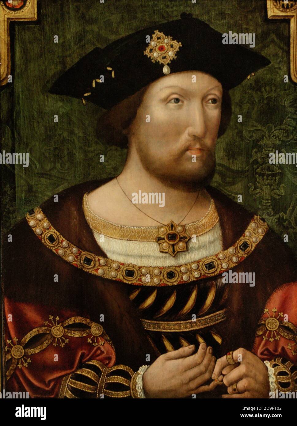 King Henry VIII (1491-1547). King of England (1509-1547). He appointed himself as head of the Church in England in place of the Pope in 1535 . Portrait by an unknown Anglo-Netherlandish artist. It shows the king placing a ring upon his right hand, a symbol of his devout piety. This painting is a version of a pre-Holbein portrait type of Henry VIII. Oil on panel (50,8 x 38,1 cm), c. 1520. National Portrait Gallery. London, England, United Kingdom. Stock Photo