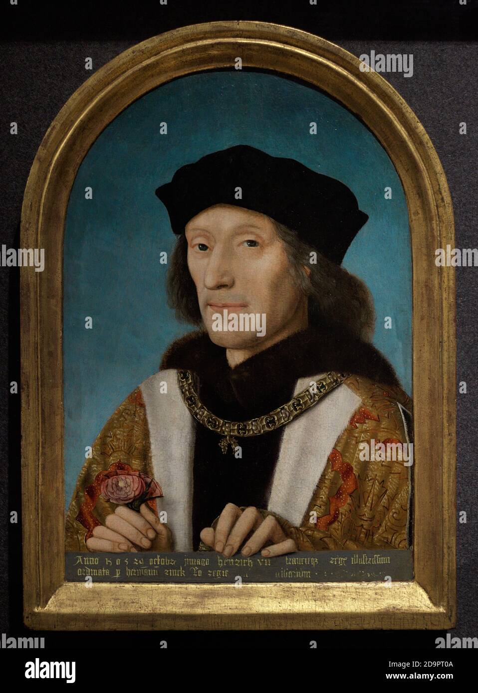 King Henry VII (1457-1509). King of Englad (1485-1509) and Lord of Ireland. He was the son of Edmund Tudor and head of the house of Lancaster. Portrait by an unknown Netherlandish artist. It was painted on October 29, 1505 by order of Herman Rinck, an agent for the Holy Roman Emperor, Maximilian I. Oil on panel (42,5 x 30,5 cm), 1505. National Portrait Gallery. London, England, United Kingdom. Stock Photo