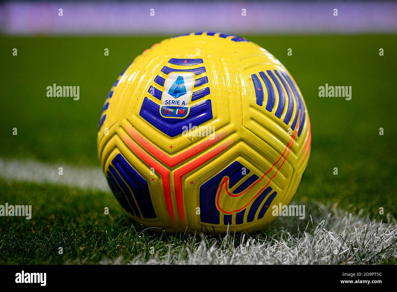Reggio Emilia, Italy - 06 November, 2020: Official Serie A match ball 'Nike  Flight Hi-Vis' is seen during the Serie A football match between US  Sassuolo and Udinese Calcio. The match ended