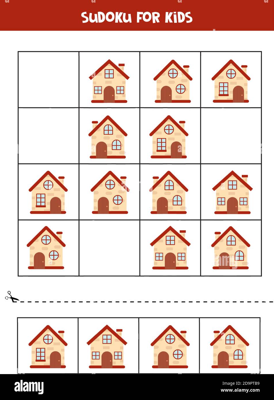 Sudoku game with cartoon houses. Logical worksheet for children. Stock Vector