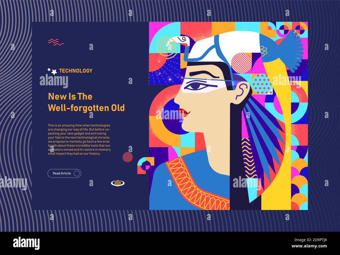 Landing page, woman's portrait, technology concept in style of Ancient Egypt, Webdesign, magazine layout, template, Space for text. Stock Vector