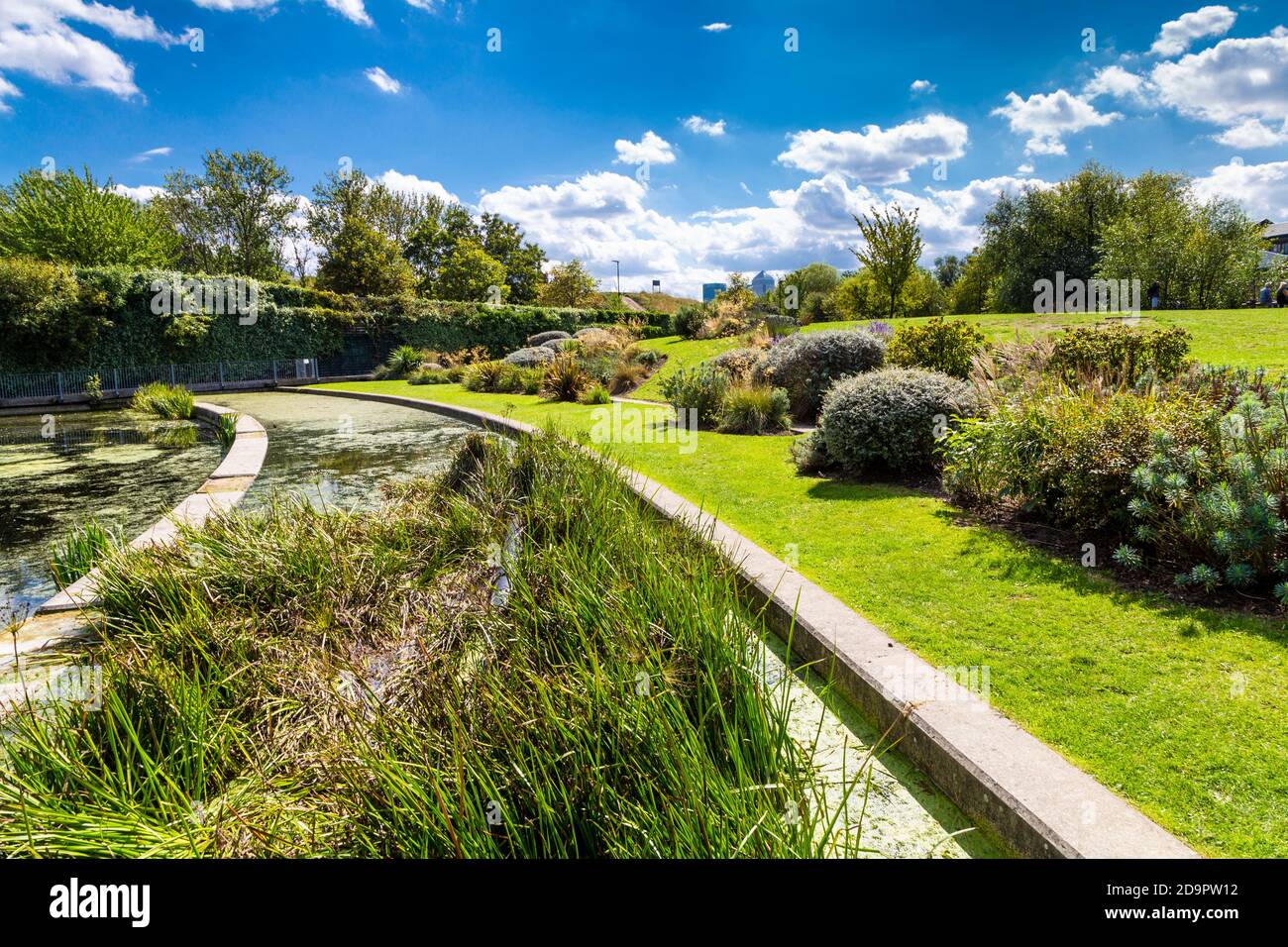 Water feature and plants in the Ecology Pavilion at Mile End Park, London, UK Stock Photo
