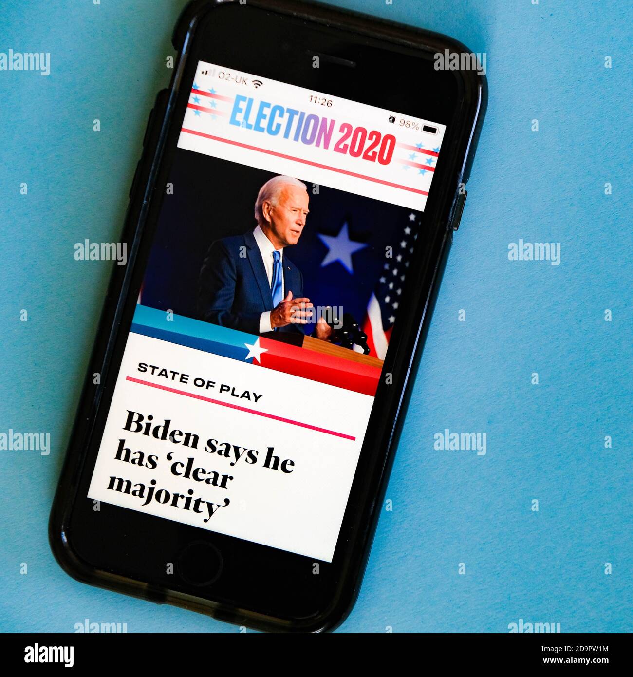 London UK, November 07, 2020, Mobile Phone Screen Showing Trump Agaist Biden In The 2020 American Presidential Elections Stock Photo