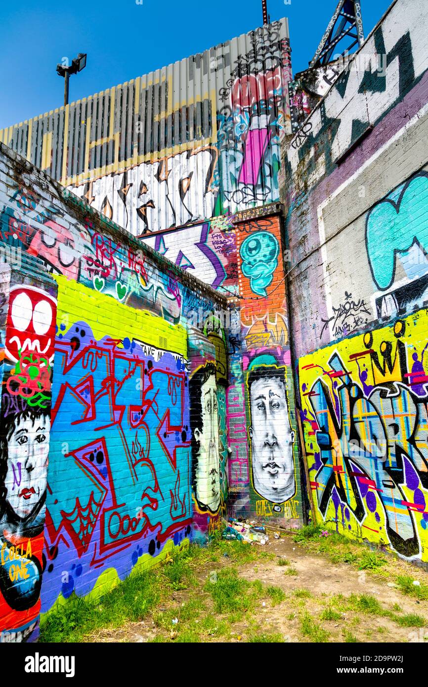 Murals and street art along Hertford Union Canal in East London, UK Stock Photo