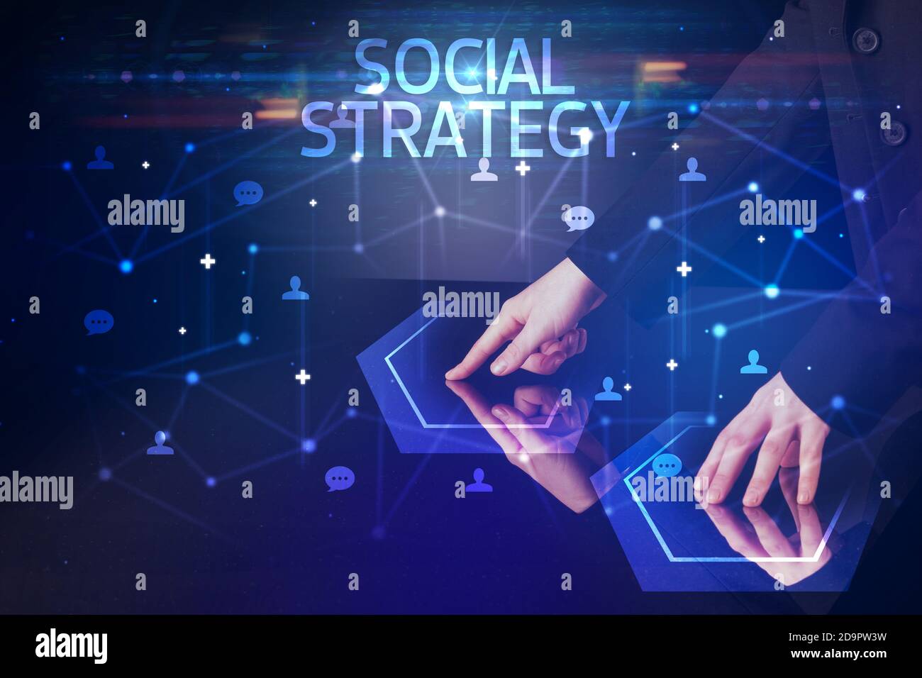 Navigating social networking with SOCIAL STRATEGY inscription, new media concept Stock Photo
