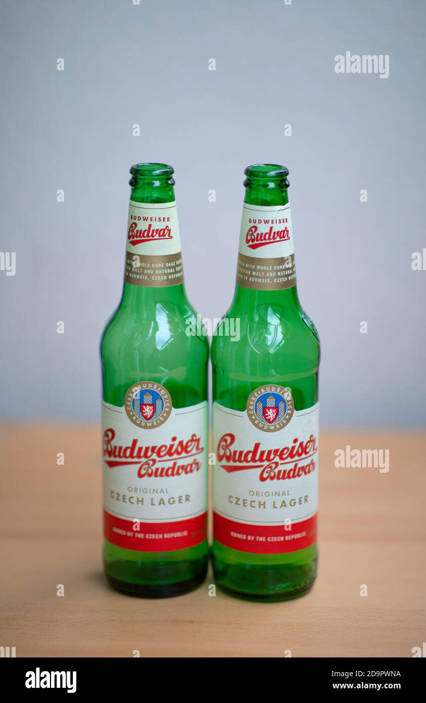 Two green empty Budweiser beer bottles Stock Photo