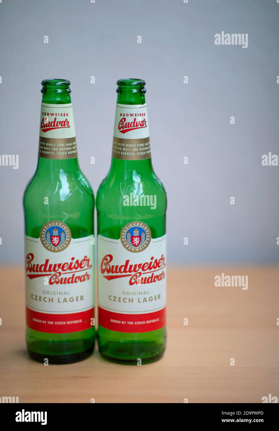 Two green empty Budweiser beer bottles Stock Photo