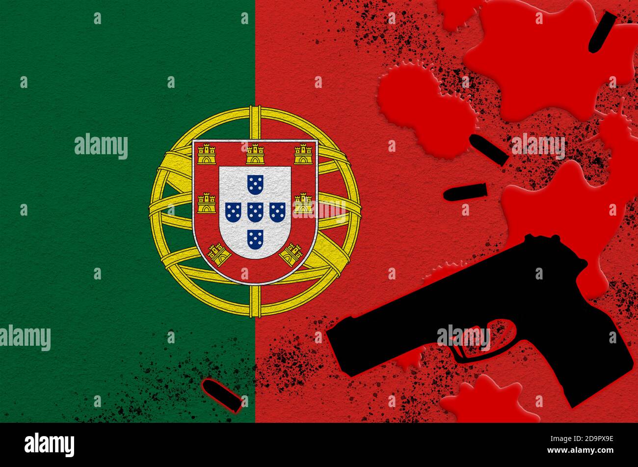 Portugal flag and black firearm in red blood. Concept for terror attack