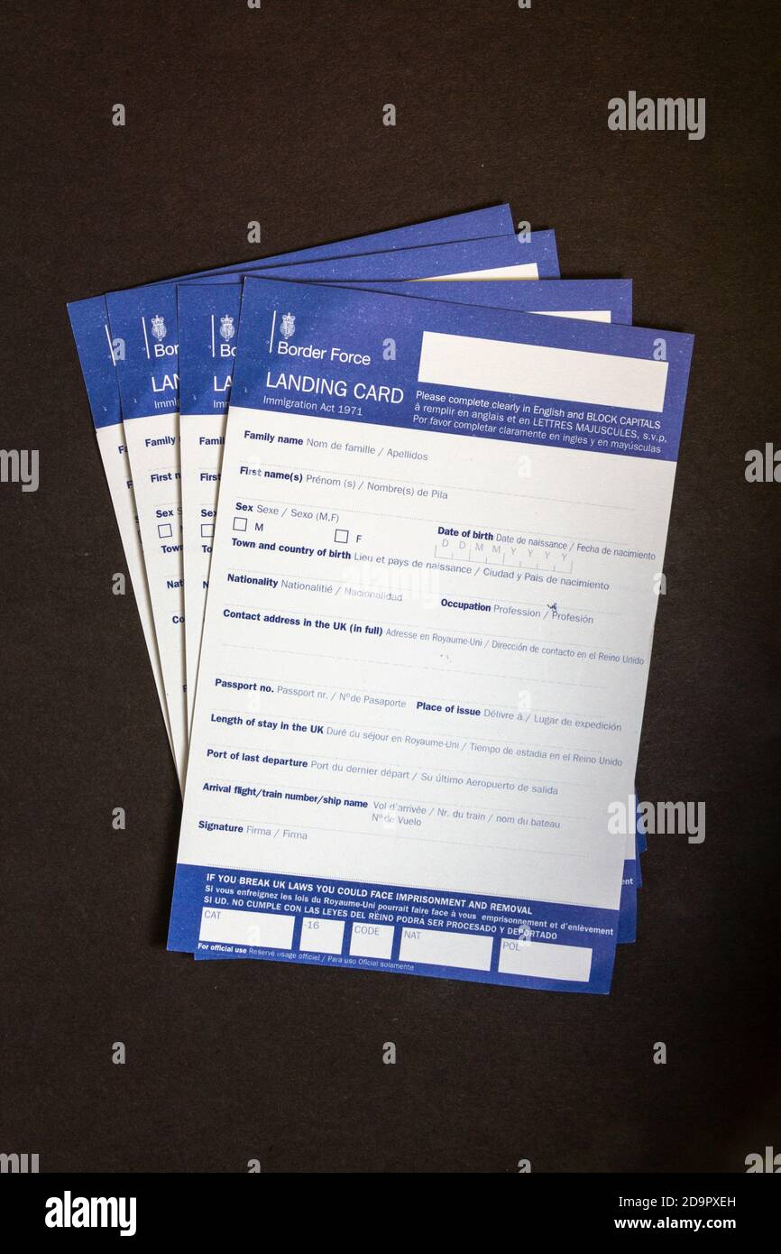 A UK Border Force landing card, as issued to foreign visitors arriving