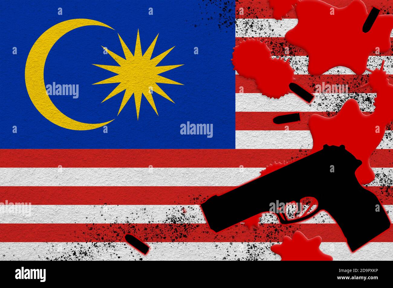 Malaysia Flag And Black Firearm In Red Blood Concept For Terror Attack Or Military Operations With Lethal Outcome Dangerous Handgun Usage Stock Photo Alamy