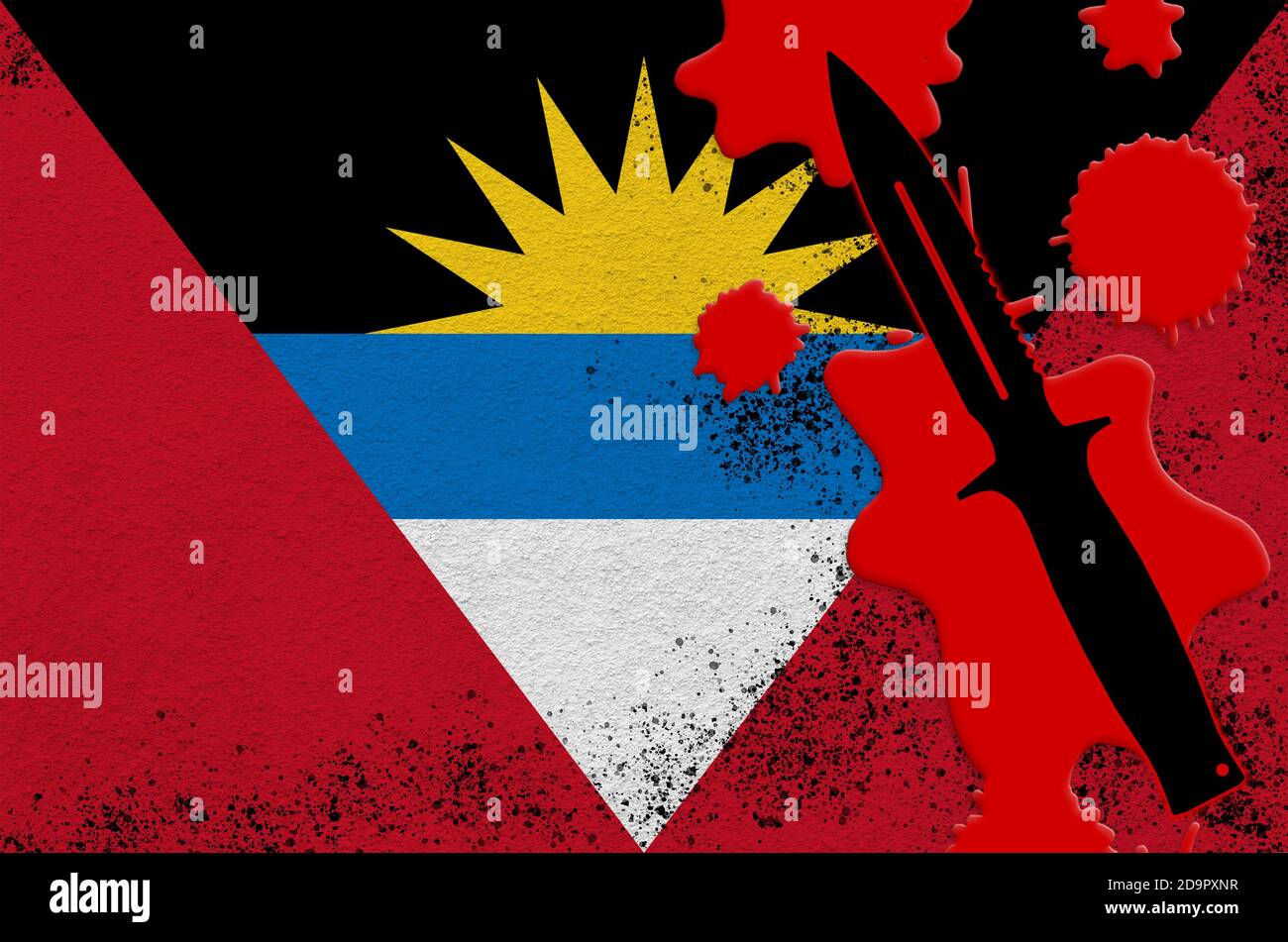 Antigua and Barbuda flag and black tactical knife in red blood. Concept