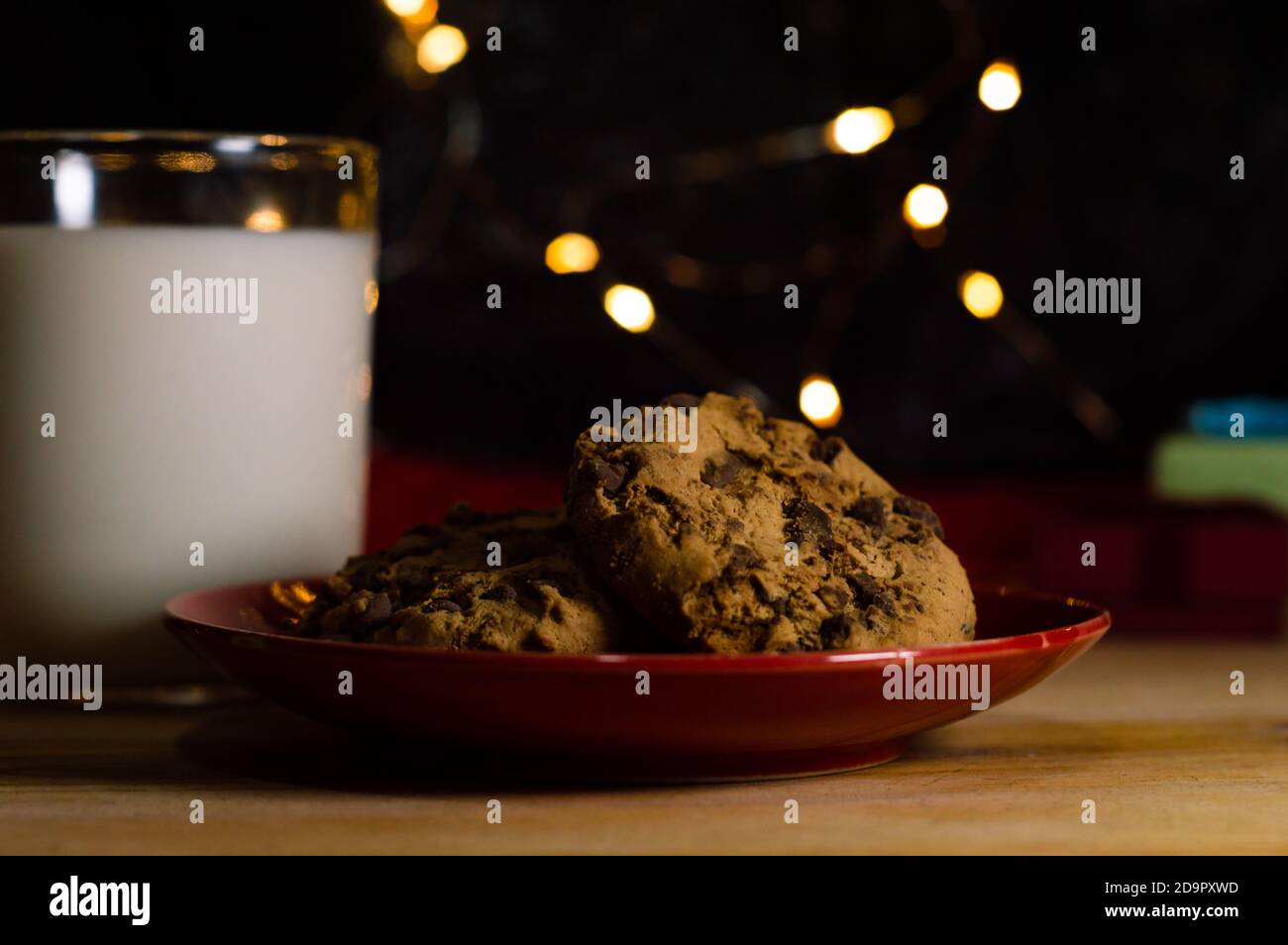 Close up of cookies and milk christmas light Stock Photo