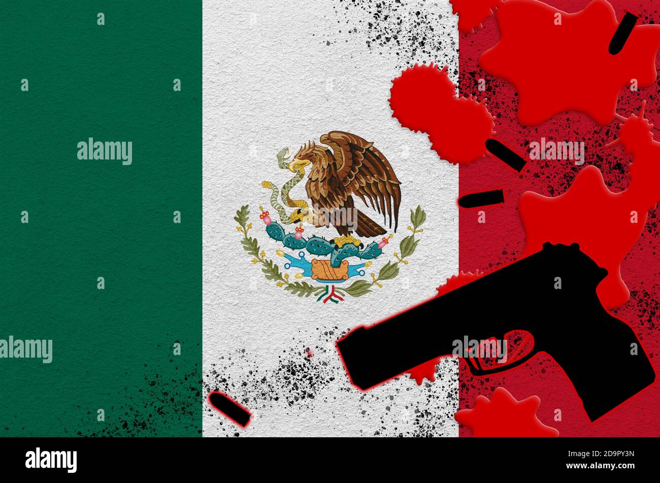 Mexico flag and black firearm in red blood. Concept for terror attack ...