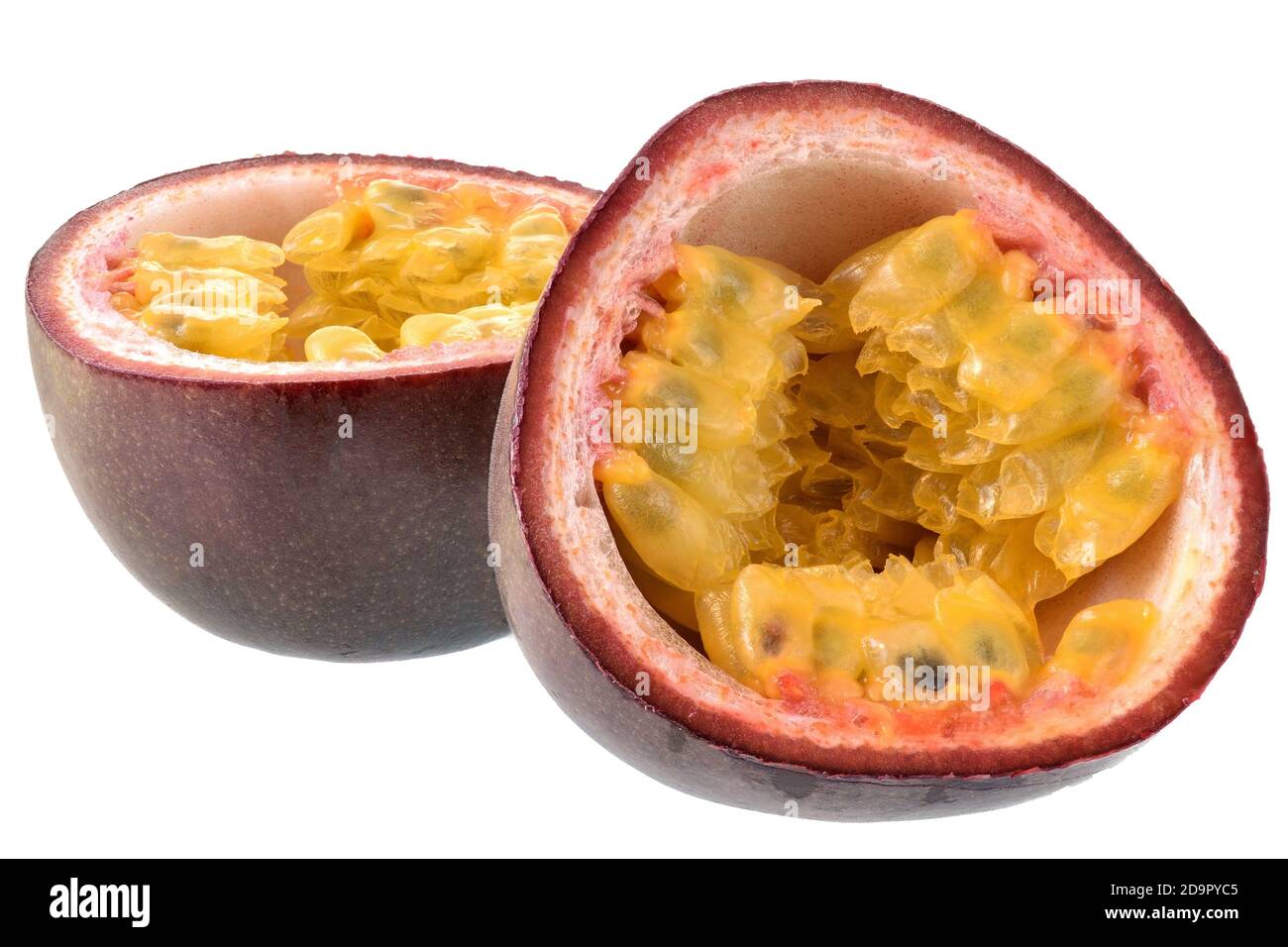 Cut passion fruit close up isolated on a white background Stock Photo