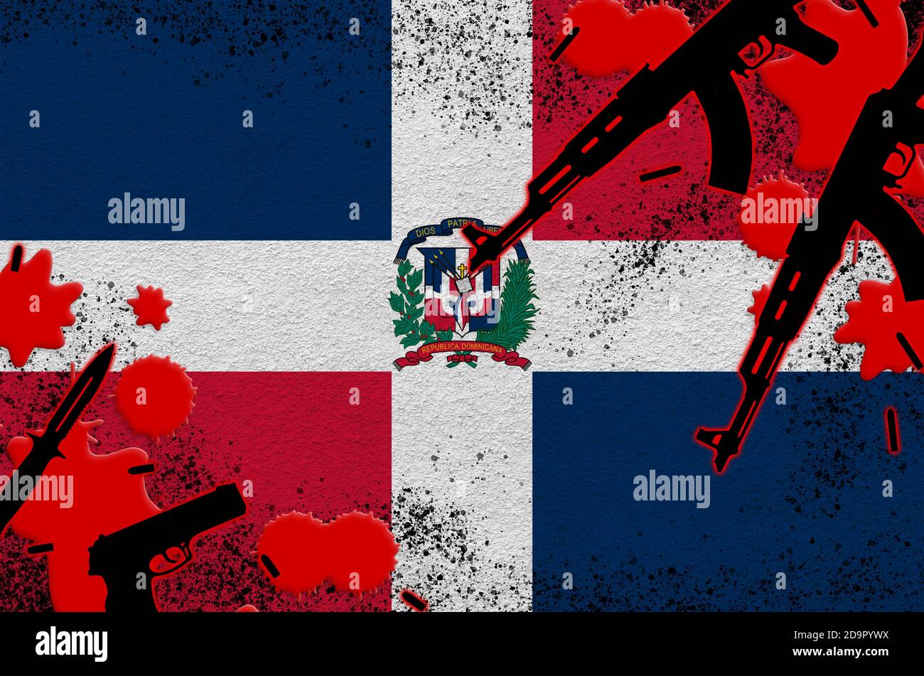 Dominican Republic flag and guns in red blood. Concept for terror attack and military operations