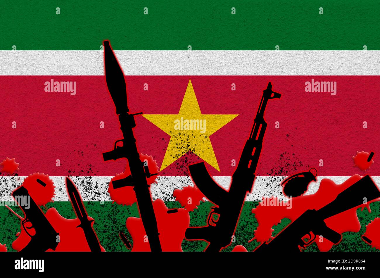 Suriname flag and various weapons in red blood. Concept for terror