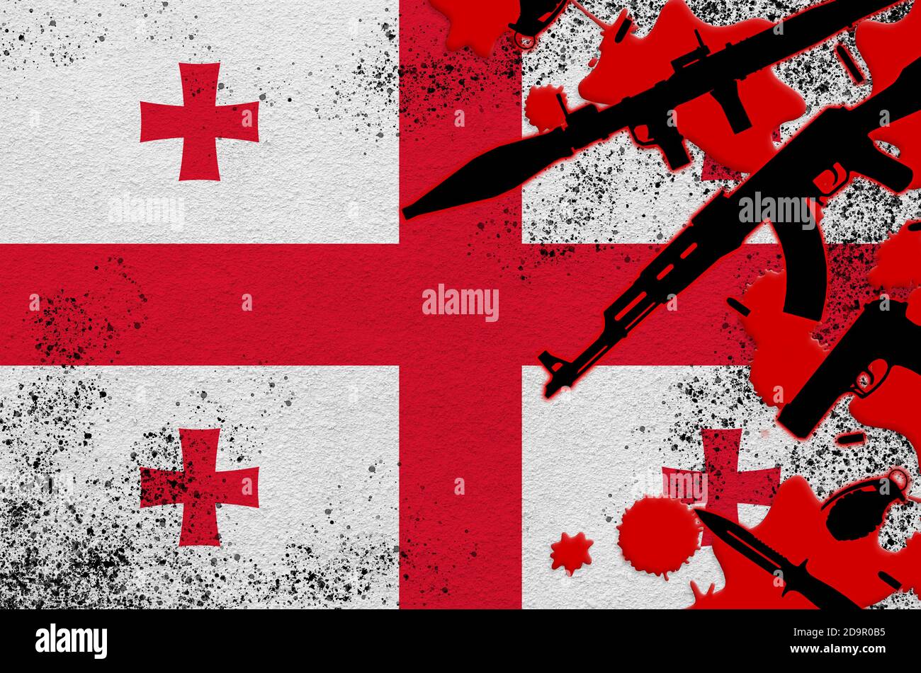 flag and various weapons in red blood. Concept for terror