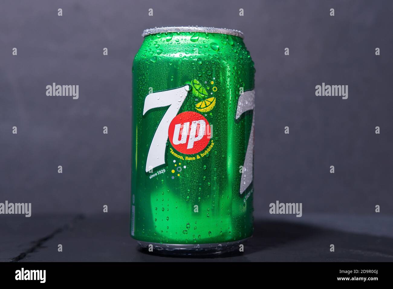 Tyumen, Russia-November 02, 2020: 7 UP can logo close-up. This refreshment drink produce Pepsi company. Stock Photo