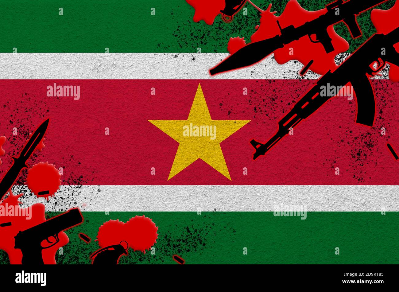 Suriname flag and various weapons in red blood. Concept for terror
