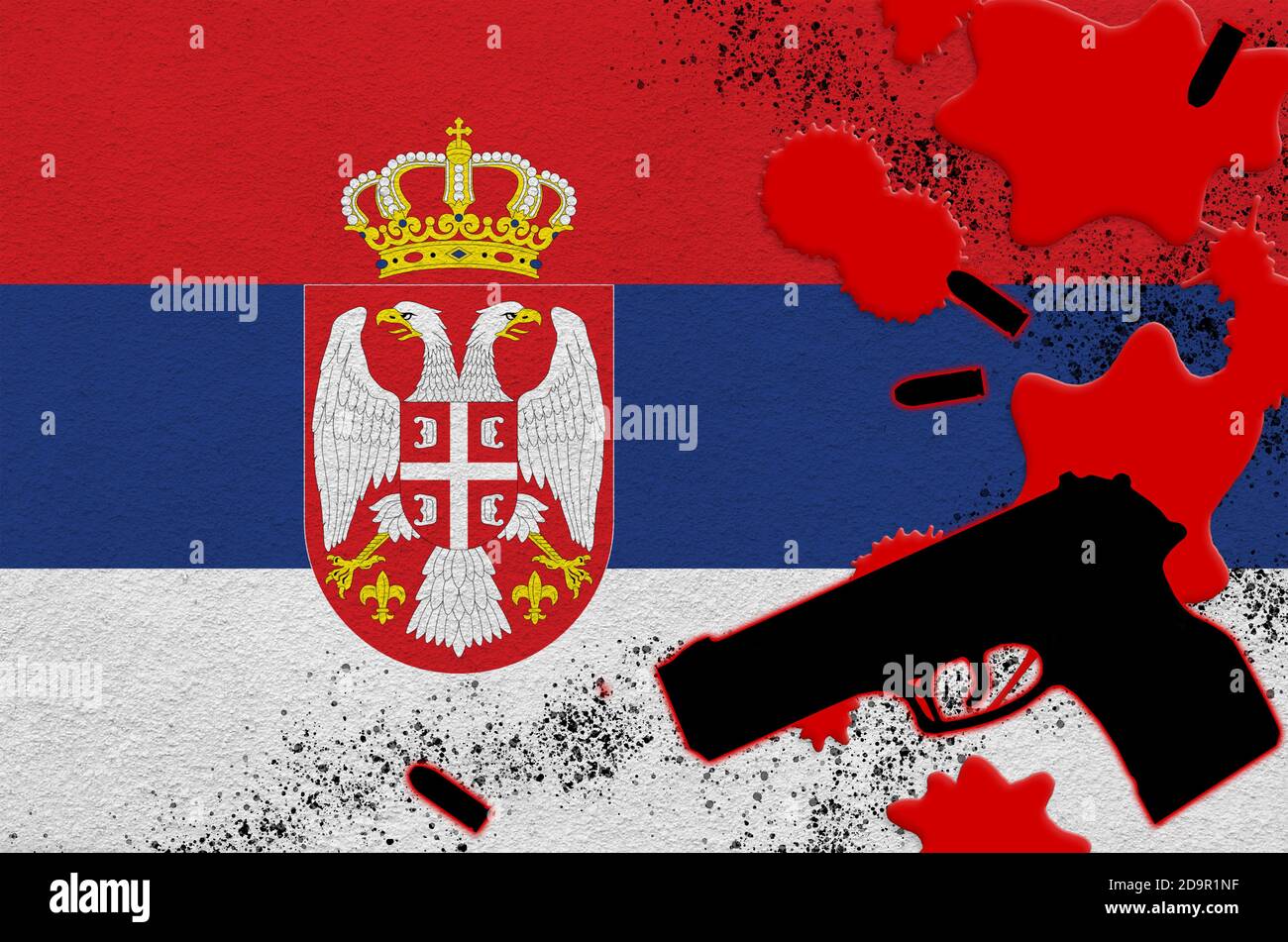Serbia flag and black firearm in red blood. Concept for terror attack