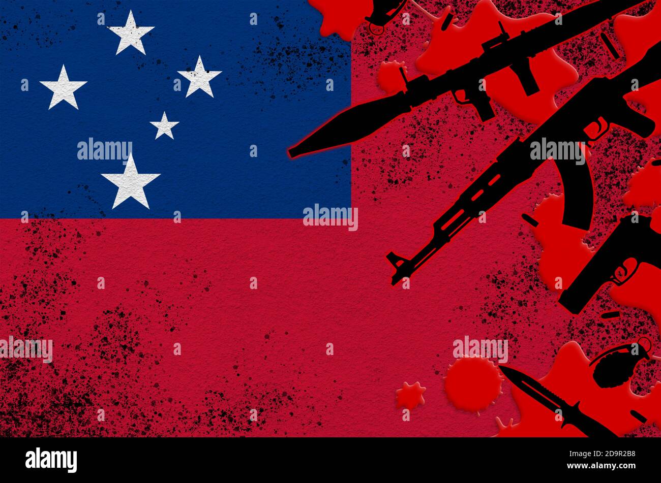 Samoa flag and various weapons in red blood. Concept for terror attack ...