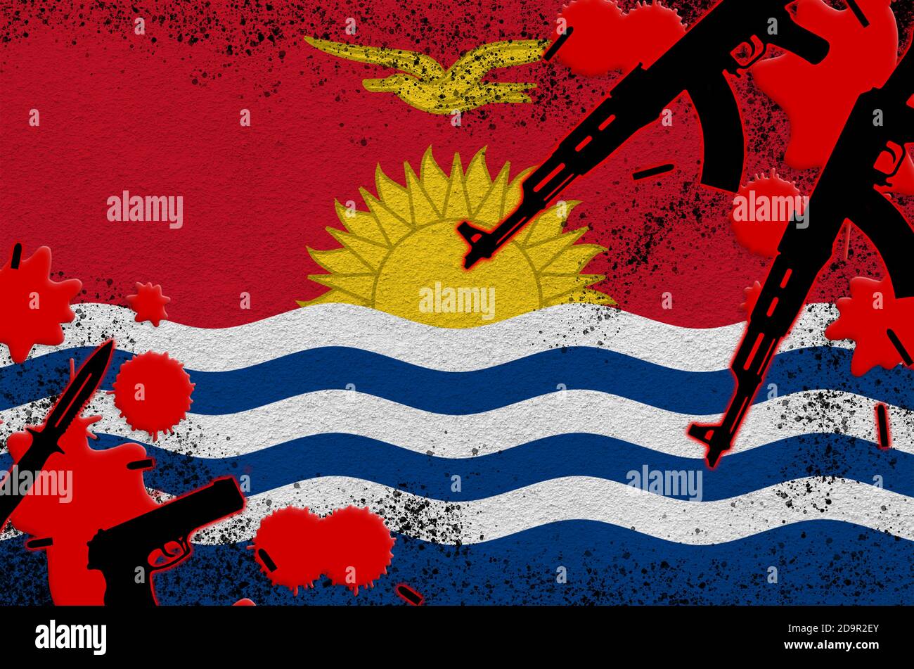 Kiribati flag and guns in red blood. Concept for terror attack and military operations. Gun trafficking Stock Photo