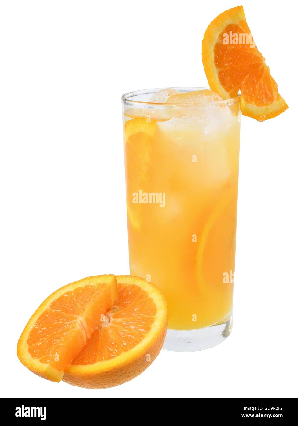 Cocktail with orange juice and ice cube in highball glass isolated on ...