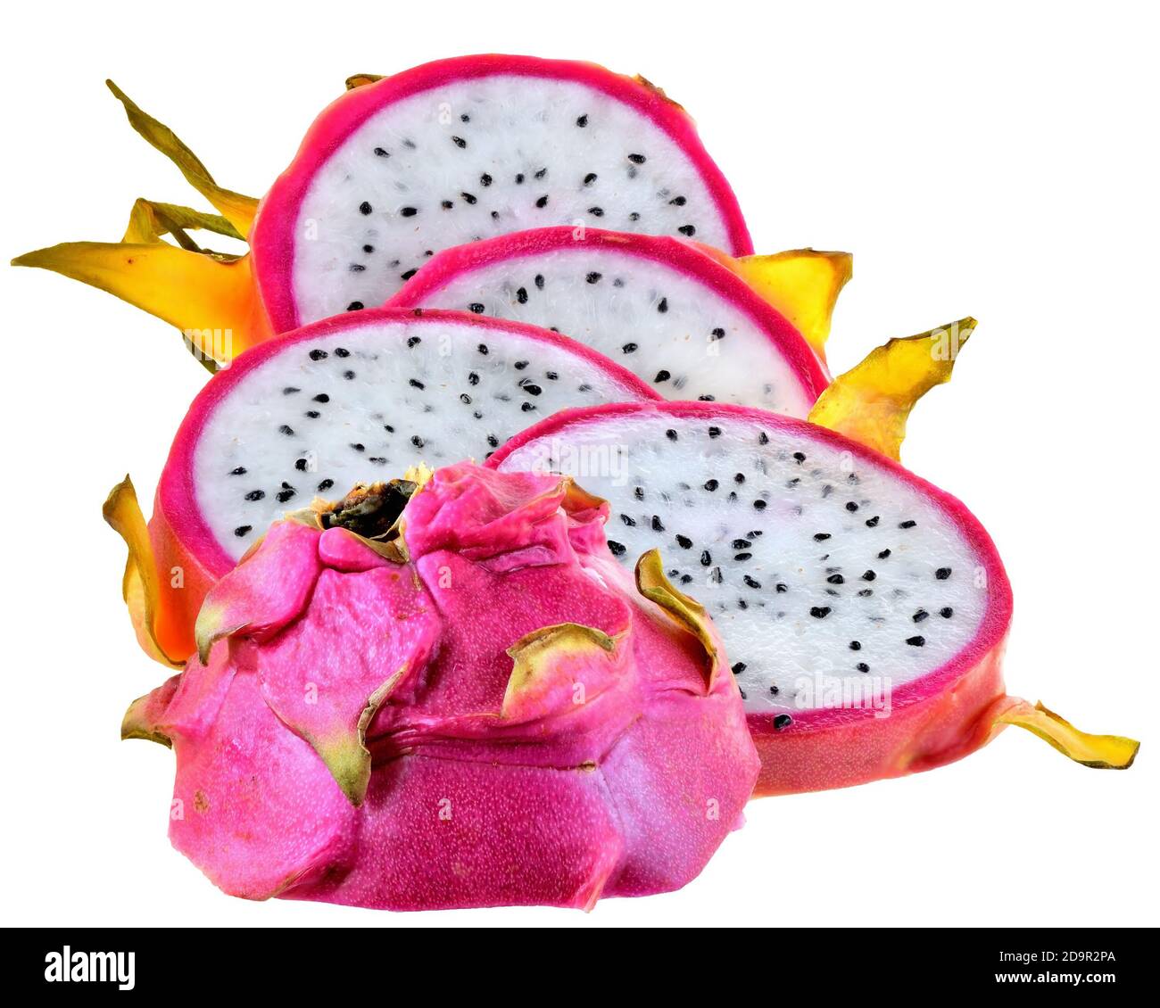 Sliced ​​dragon fruit close-up isolated on a white background. Stock Photo