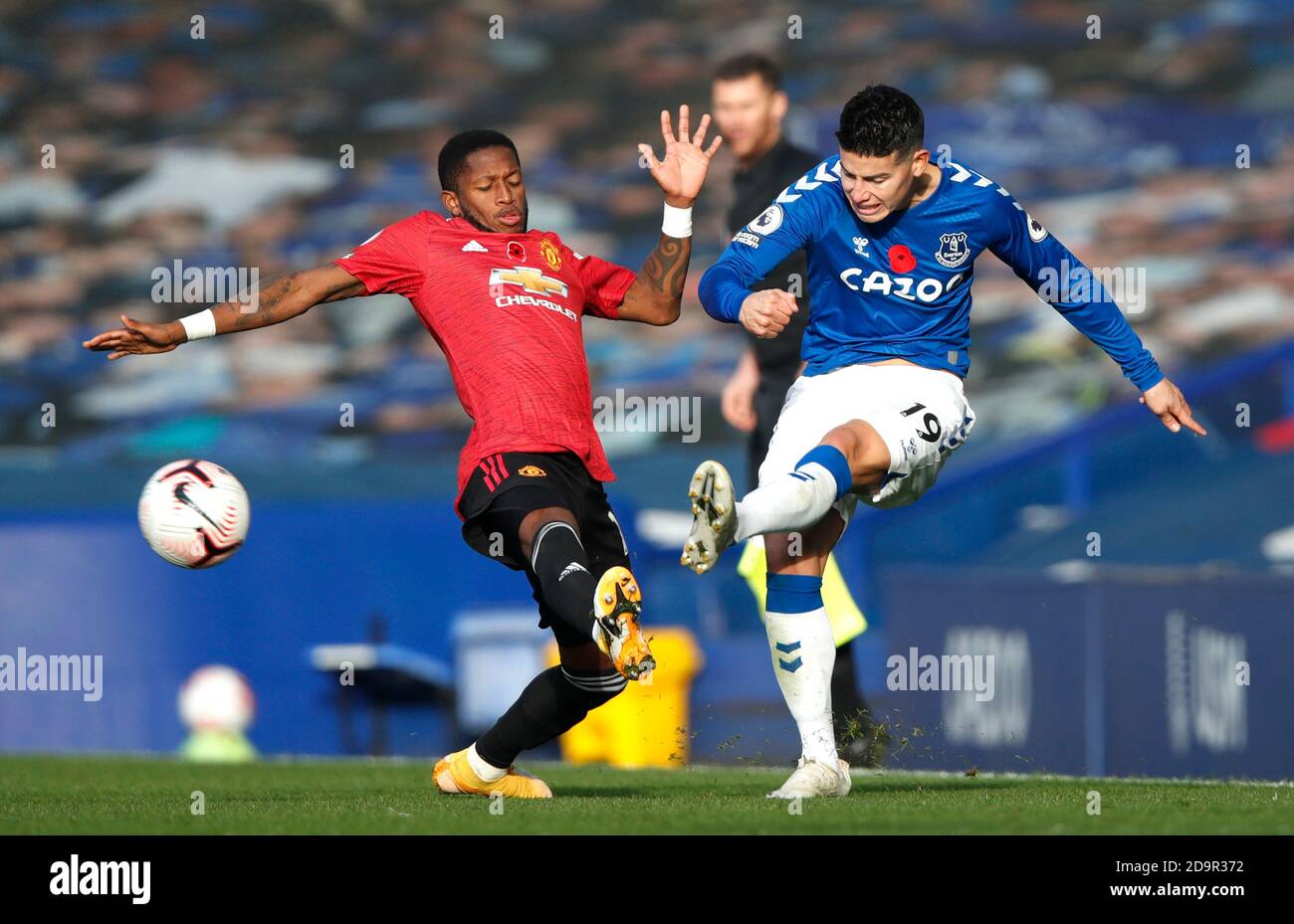 Manchester United S Fred Left And Everton S James Rodriguez Battle For The Ball During The Premier League Match At Goodison Park Liverpool Stock Photo Alamy
