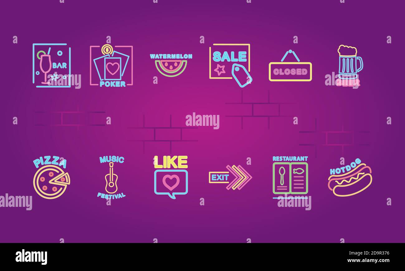 bar and neon signs icon set over purple background, vector illustration Stock Vector